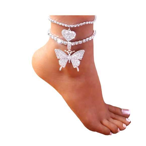 Rhinestone Bling Large Butterfly and Heart Ankle Bracelets Set of Two - Picture 1 of 1